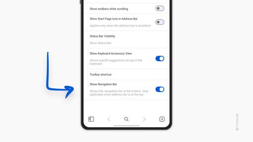 Image displays an Android phone with Vivaldi Browser open. An arrow points to a new setting that allows you to enable or disable the navigation bar.