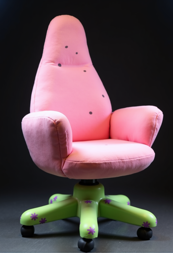 A uniquely designed chair with a plush, pink cushioned seat and backrest. The backrest is tall and tapered at the top, adorned with small, scattered black dots. The armrests are also cushioned and match the pink hue of the seat. The chair's base is a vibrant green with five legs, each decorated with purple flower patterns. The legs are equipped with black caster wheels. The background is a dark, solid color, which contrasts with and highlights the chair's bright and playful design. 