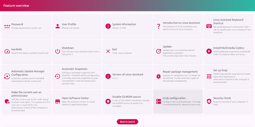 Screenshot of the Linux-Assistance Feature overview, which  includes numerous everyday tasks