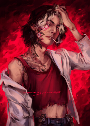 Portrait illustration of a young white man with black hair that goes just below his ears, some of the front hair strands are bleached. He's going through his hair with his left hand, looking slightly downwards with a disapproving/bored look, a lit cigarette in his mouth. He's wearing a burgundy crop top and a white suit jacket that's halfway falling off his right shoulder. On his neck there's a tattoo of a skeletal hand holding a gladiolus flower which reaches up his cheek and blooms around his right eye. On the chest, the tattoo extends into abstract waves.The abstract background is a bright red.