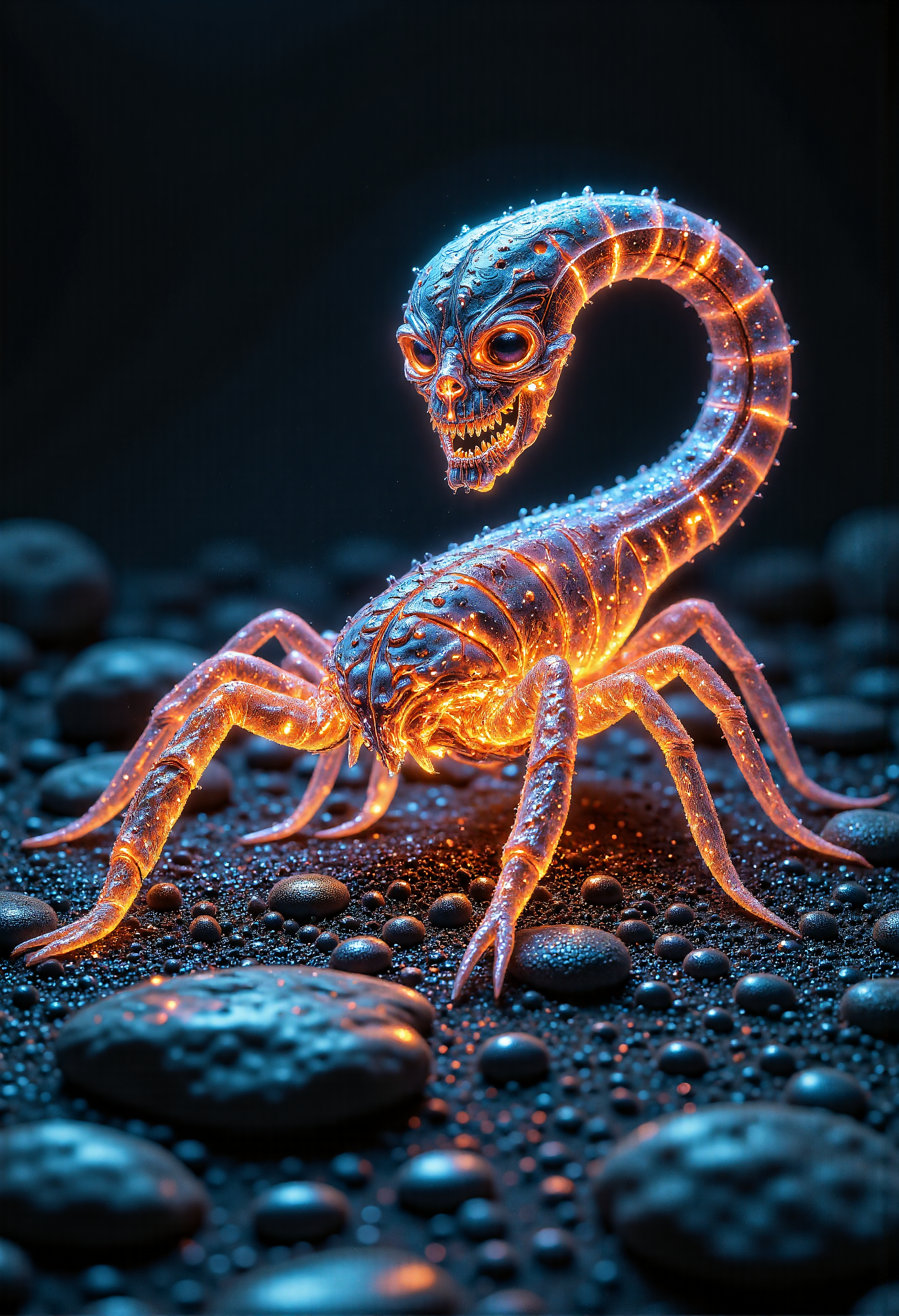 A glowing scorpion-like creature with a face where its stinger should be and body illuminated with vibrant orange and blue hues, standing on a dark, rocky surface. 