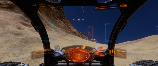 A screenshot from Elite Dangerous, showing a vehicle running through the land and approaching a jump ahead