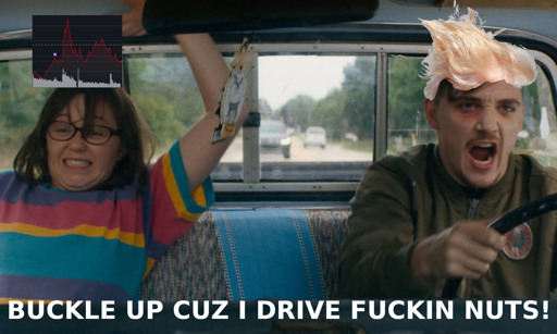 Scene from Dinner in America captioned "BUCKLE UP CUZ I DRIVE FUCKIN NUTS!" The passenger is the stock chart going up and down and the driver has Trump's wind blown hair.