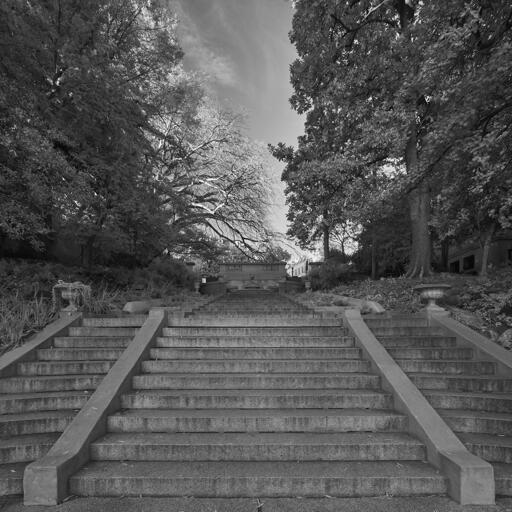 A pedestrian "step street", seen from the bottom, flanked by trees on either side.