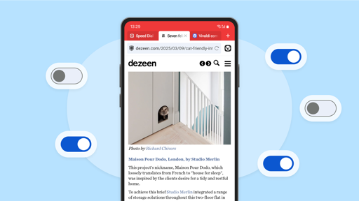 An Android phone displaying the Vivaldi browser app, with on and off switches around it, symbolizing customization and control over the browsing experience.