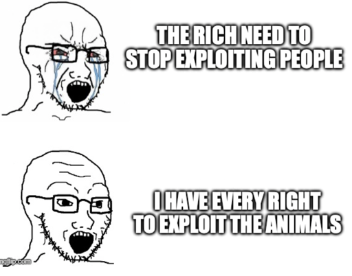 Hypocrite Wojack Meme: crying "the rich need to stop exploiting people" Wojack in regular mood: I have every right to exploit the animals.