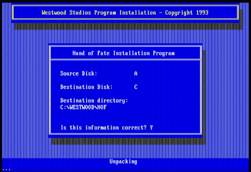 The MS DOS installation program for Hand of Fate showing that it installs from floppy drive A to hard drive C