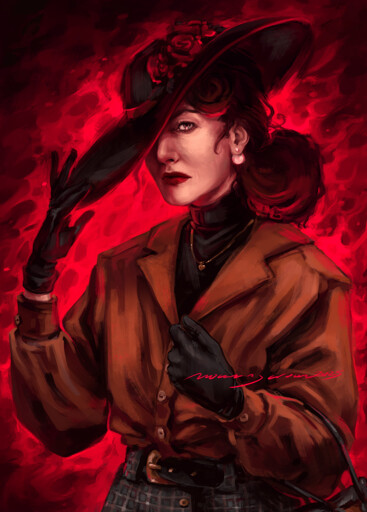 Portrait illustration of a middle aged white woman with black hair tied into a bulk around the neck. Her face is expressionless. She wears a large black hat with some red roses tucked in, which she holds down with her right hand, covering half of her face. She wears balck gloves, a black turtleneck sweater and a light brown oversized blouse on top, as well as a dark green-ish skirt with a checkered pattern. On her left arm hangs a large handbag. She wears red lipstick, a big white pearl earring and a thin golden necklace with a small heart-shaped pendant.The abstract background is a bright red.