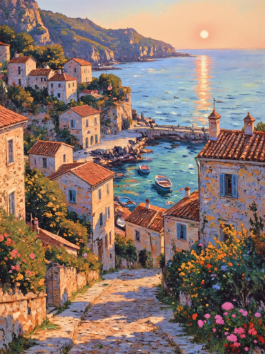 A picturesque coastal village set against a backdrop of rugged cliffs and a tranquil sea. The scene is bathed in the warm, golden light of the setting sun, which casts a shimmering reflection on the water. The village consists of charming stone houses with terracotta rooftops, nestled among green bushes and vibrant flowers. A cobblestone path leads down to a small harbor where several boats are moored. 