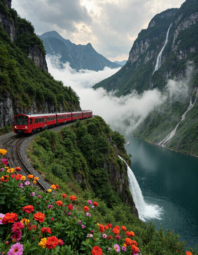 A red train traveling along a curving railway track that hugs the side of a picturesque, green mountains with towering peaks and cascading waterfalls. A dense layer of clouds and mist fill the valley below, and in the foreground, colorful flowers in bloom, contrasting beautifully with the greenery and the blue water of the lake below. 