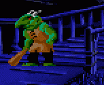 The image features a pixelated troll character with green skin, wearing an apron and black boots, and holding a wooden club. It comes from the video game "The Secret of Monkey Island," a classic adventure game developed by LucasArts in 1990. The troll appears as an obstacle that the protagonist, Guybrush Threepwood, encounters during his journey. The game is known for its humor, puzzles, and pixel art graphics typical of early '90s adventure games.