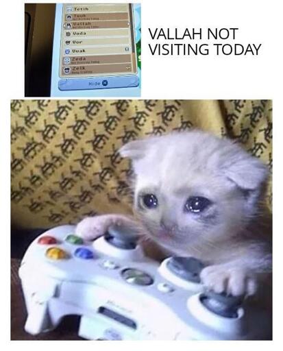 Crying cat meme format, showing a picture of a Steam Deck and a slice of screen from Roots of Pacha.

Text: VALLAH not visiting today