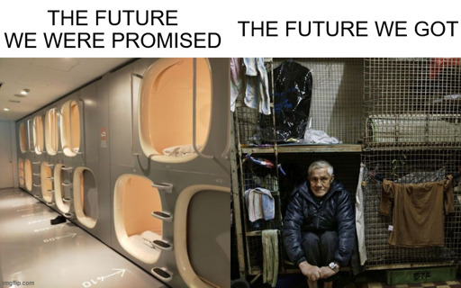 The left shows a futuristic sleeping pod captioned "the future we were promiced" the right shows a man sitting in a bed with a cage around it captioned "the future we got"