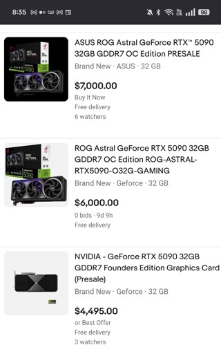 Screenshot of eBay, where brand new graphics cards (MSRP around $2000) are already being listed at three times the MSRP. 