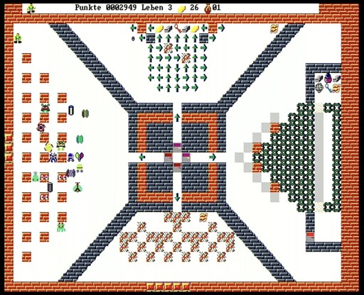 A 2D tile based games with lots of small sprites. The player controls a green figure that needs to be led through a maze with obstacles. 